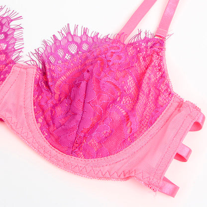 SUBBLIME - 955359 BH-SET MIT SPITZE UND STRUMPFBÄNDERN ROSA UND LILA S/M