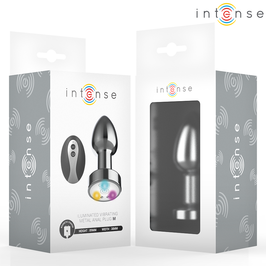 INTENSE - VIBRIERENDER ANALPLUG AUS METALL MIT LED-LEUCHTEN UND FERNBEDIENUNG - GRÖSSE M